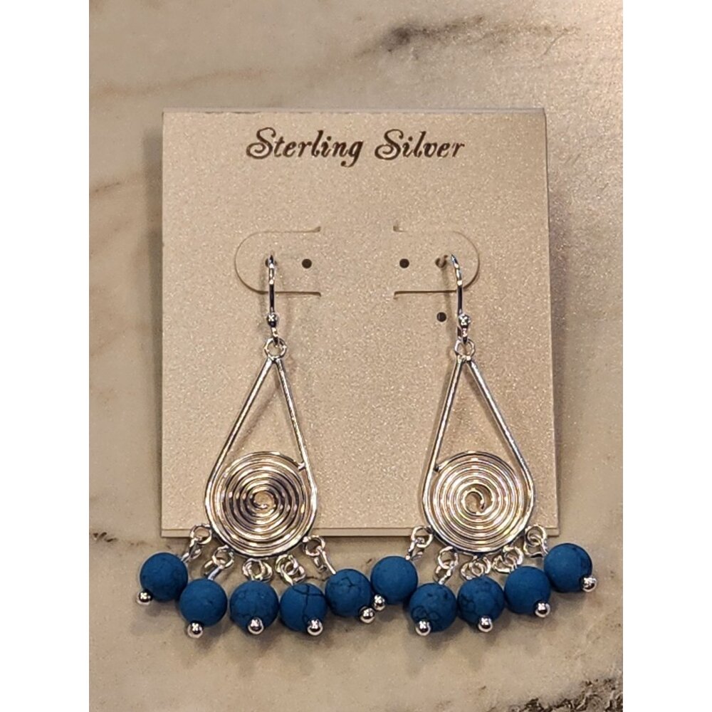 Sterling Silver Spiral Drop Earrings With Blue Beads